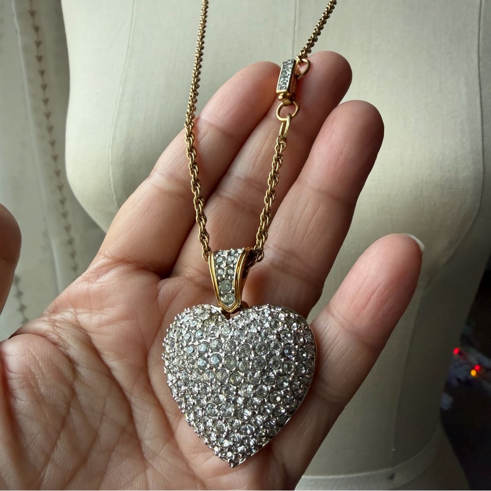 Swarovski | 90's Retired Swarovski Pave Crystal Gold Puffy Heart 34" Necklace